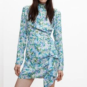 Mango Floral Long Sleeve Dress in Blue and Green
